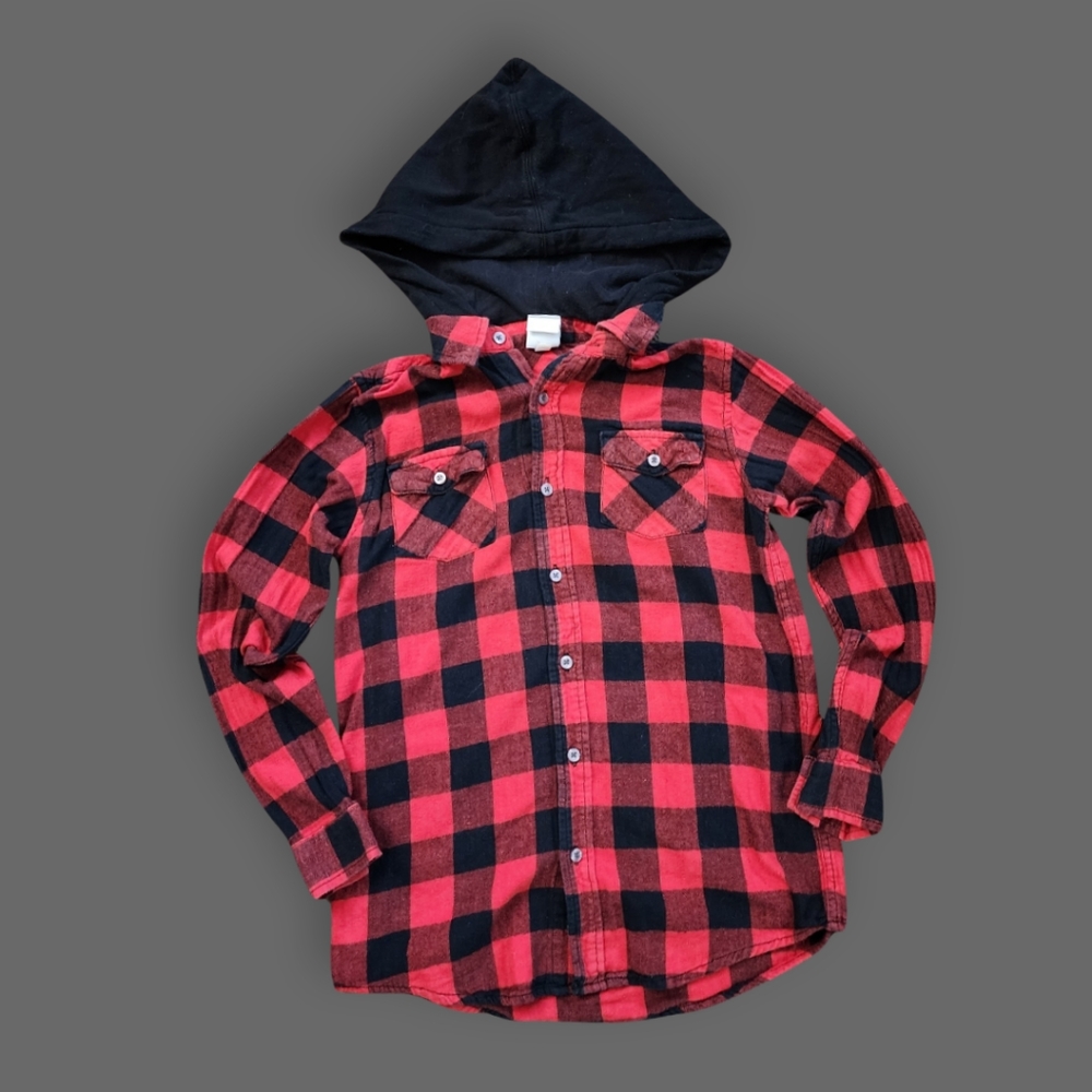 Black/Red Plaid Flannel Hooded Shirt, Youth L